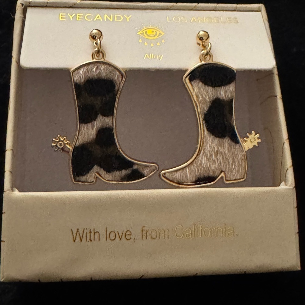 Eye Candy Cow Print Boot Earrings with Gold Accents